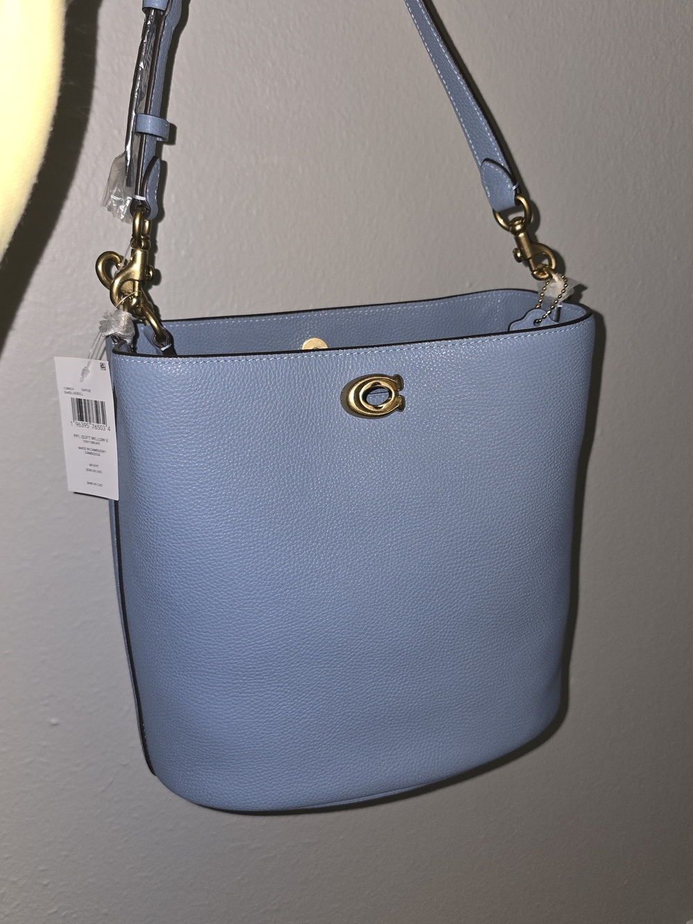 Coach Light Blue Pebbled Leather Bucket Shoulder Bag with Gold Hardware